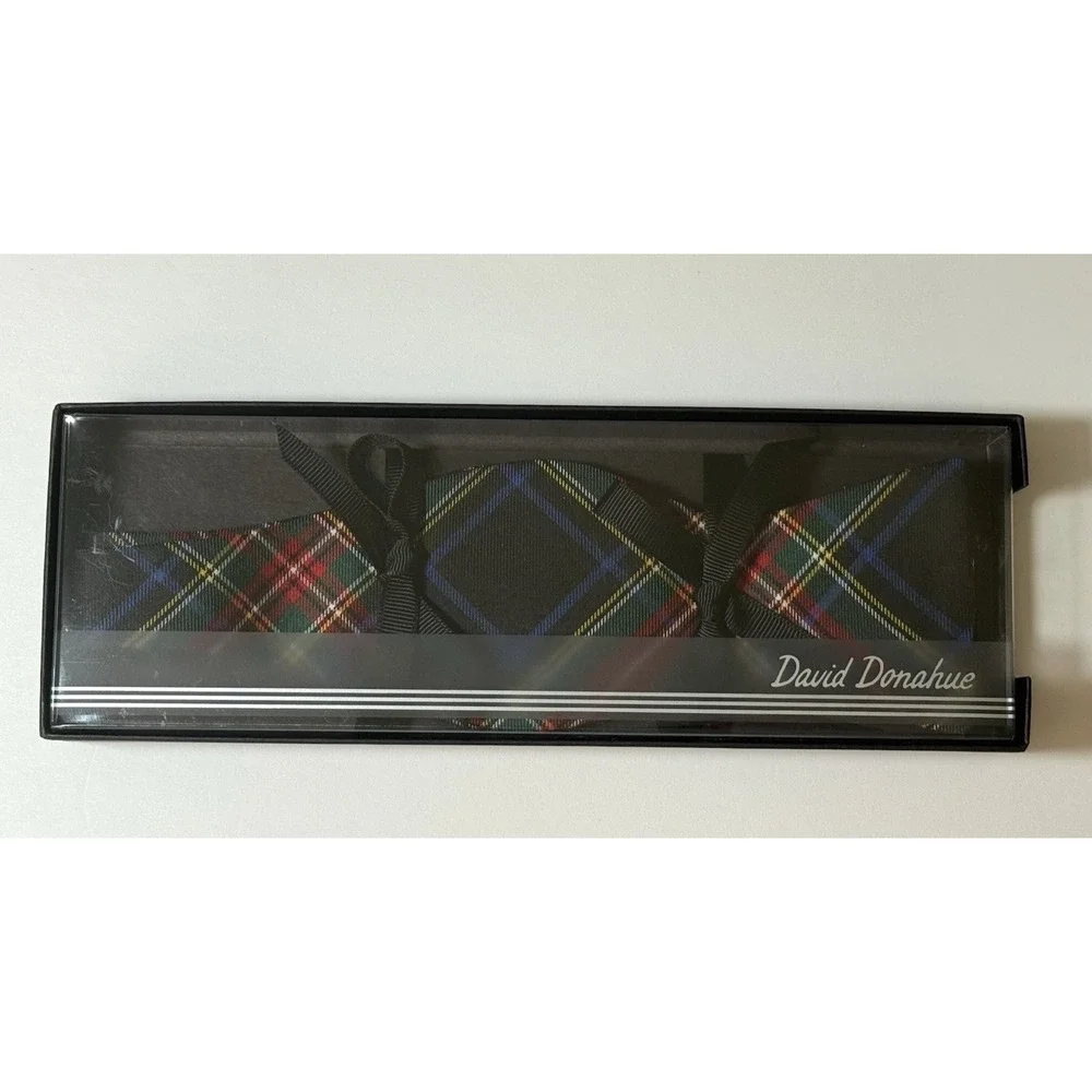 DAVID DONAHUE Men's Adjustable Bow Tie 100% Silk Black/Multi Plaid USA Made‎ EUC